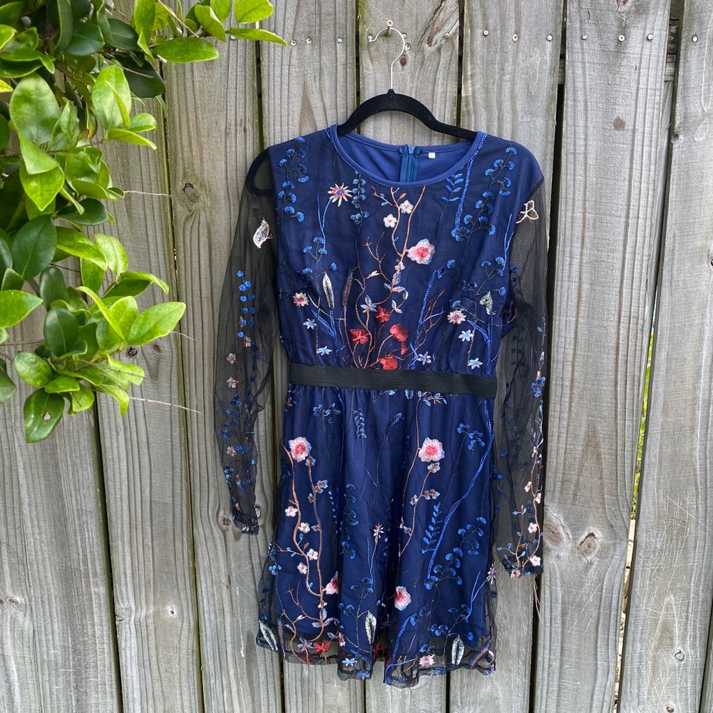 Floral Mesh Sleeve Royal Blue Evening Dress